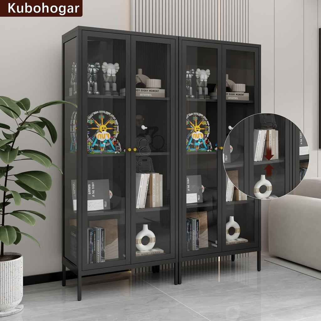 Metal Display Cabinet with Glass Doors, 66' Curio Cabinet with 3 Ajustable Shelves, Glass Display Case for Collectibles, Black Cabinets for Living Room