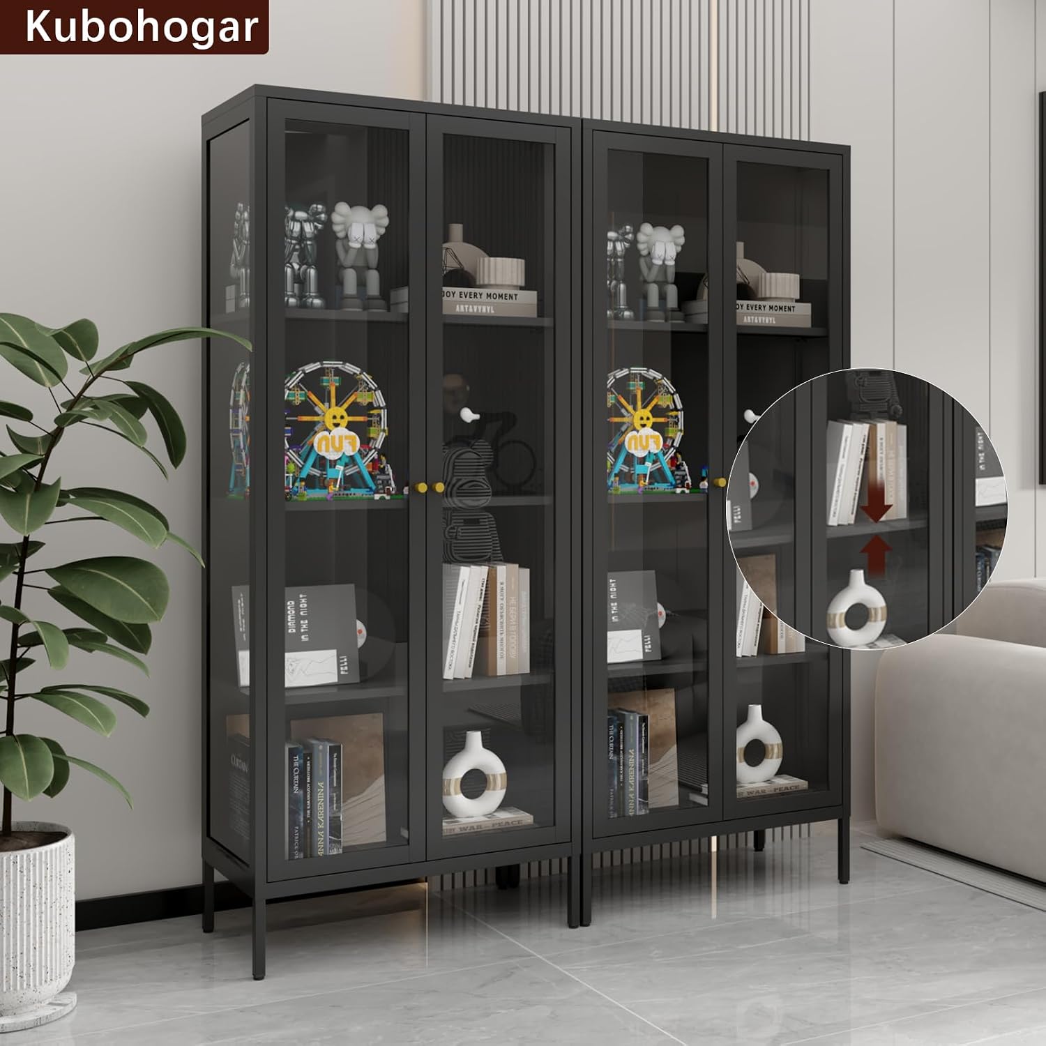 Metal Display Cabinet with Glass Doors, 66' Curio Cabinet with 3 Ajustable Shelves, Glass Display Case for Collectibles, Black Cabinets for Living Room