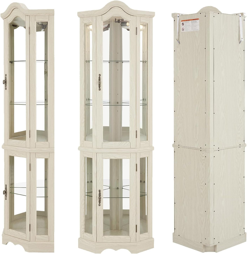 70'H Lighted Corner Display Cabinet, 5-Tier Wooden Curio Glass Cabinet with Adjustable Shelves, Carved Crown Corner Storage Display Case with Mirrored Back Pane for Living Room (Antique White)