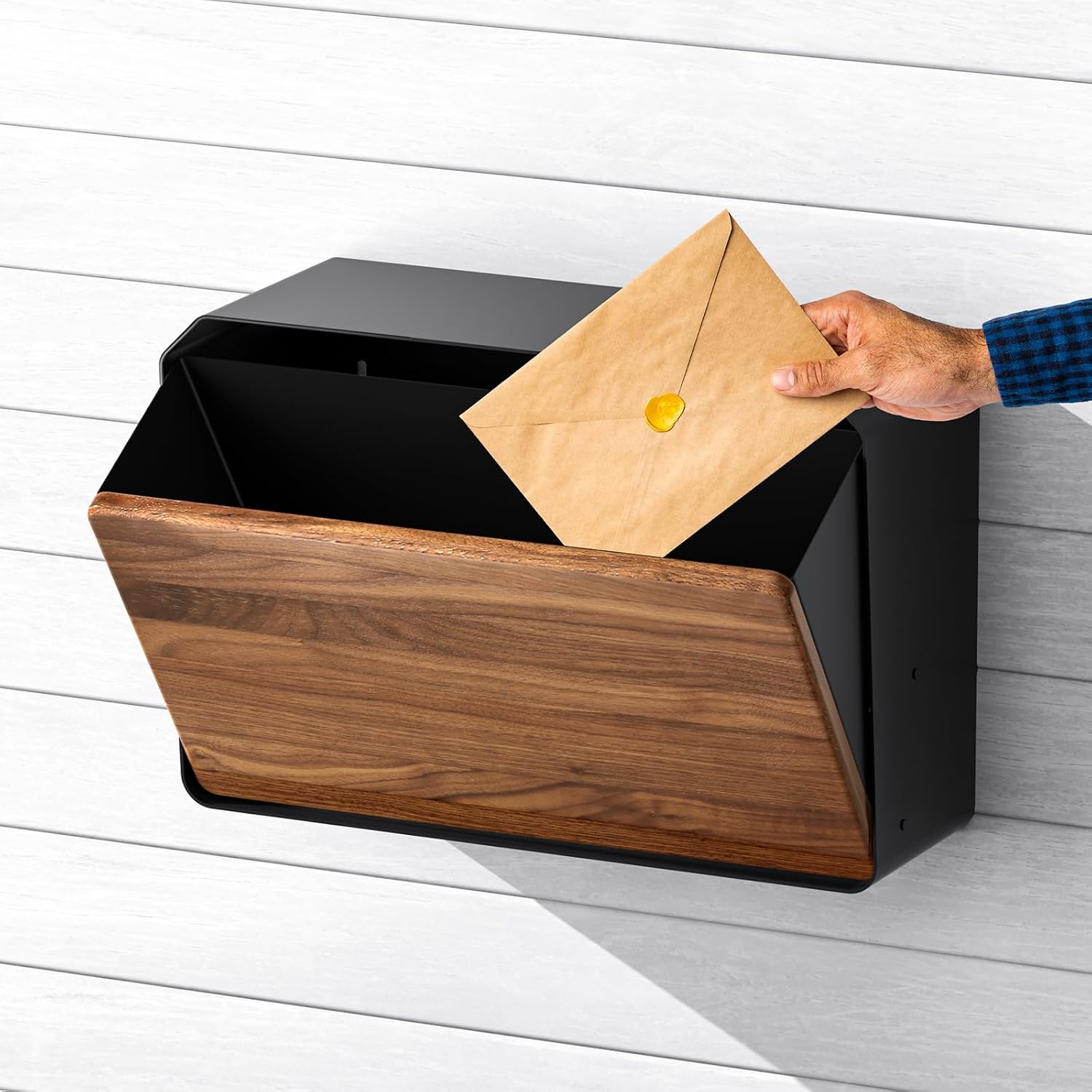 Wall-Mount Mailbox for House - Walnut & Galvanized Steel Rust-Proof Metal Post Box, Large Capacity, Easy to Install Wall Mount, Mailboxes for Outside House Porch