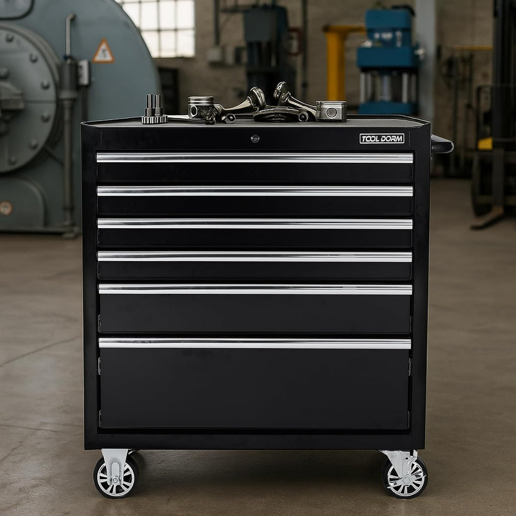 Tool Chest, 6 Drawers Rolling Tool Cabinet, Lockable Wheels, Ball Bearing Sliders, Black Powder Coating, Metal Tool Storage Cart, Suitable for Garage, Warehouse, Workshop