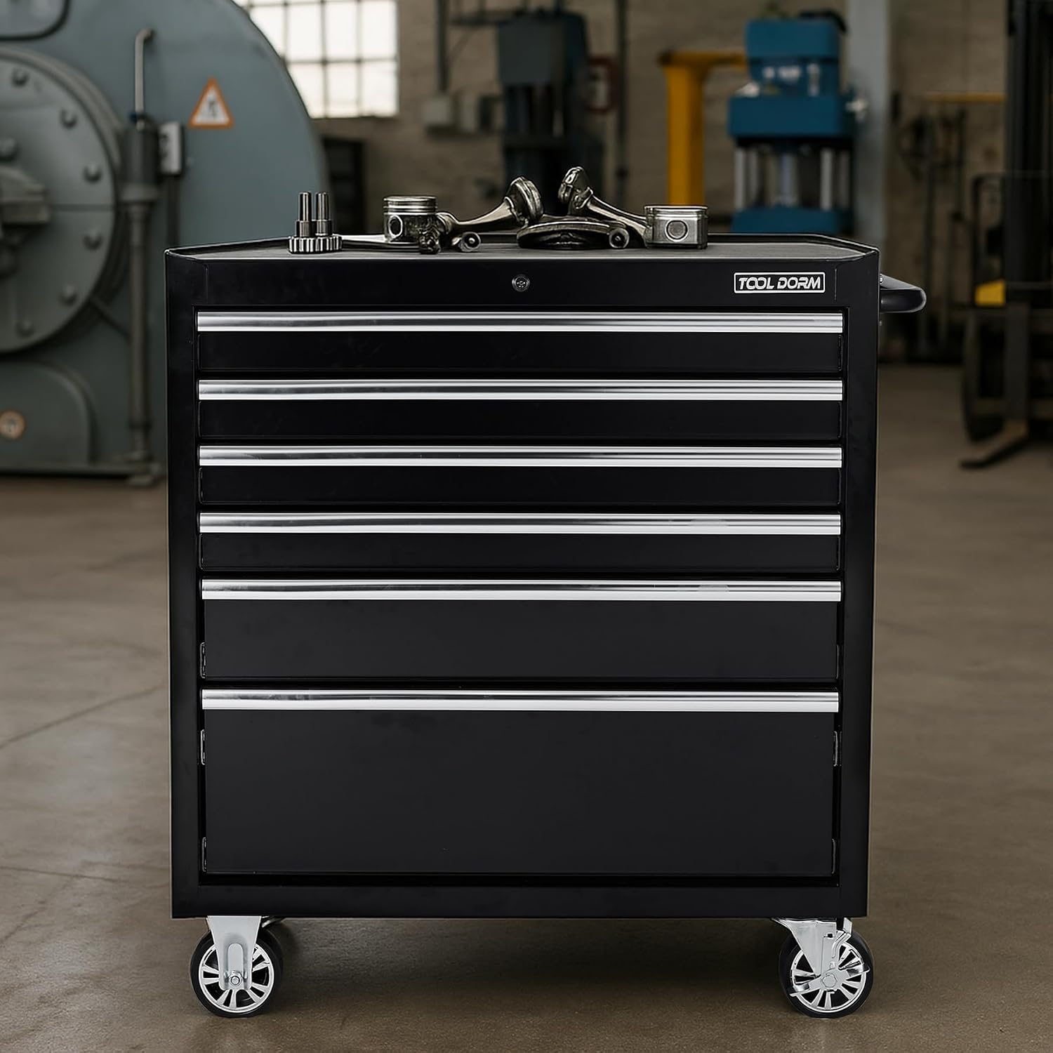 Tool Chest, 6 Drawers Rolling Tool Cabinet, Lockable Wheels, Ball Bearing Sliders, Black Powder Coating, Metal Tool Storage Cart, Suitable for Garage, Warehouse, Workshop