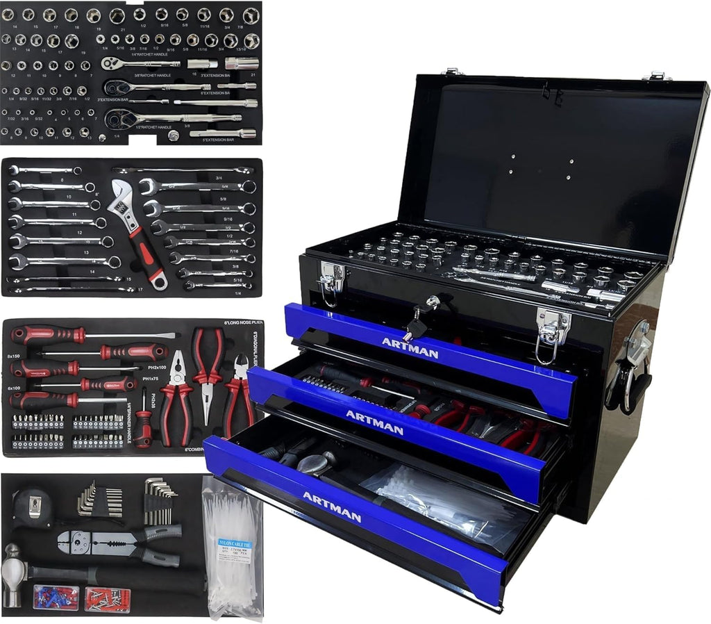 439 piece tool box with tools, mechanics kit, socket wrench set, mechanic tool set, heavy duty tool box, home tool kit, automotive tools, DIY tool set (439pcs-blue)