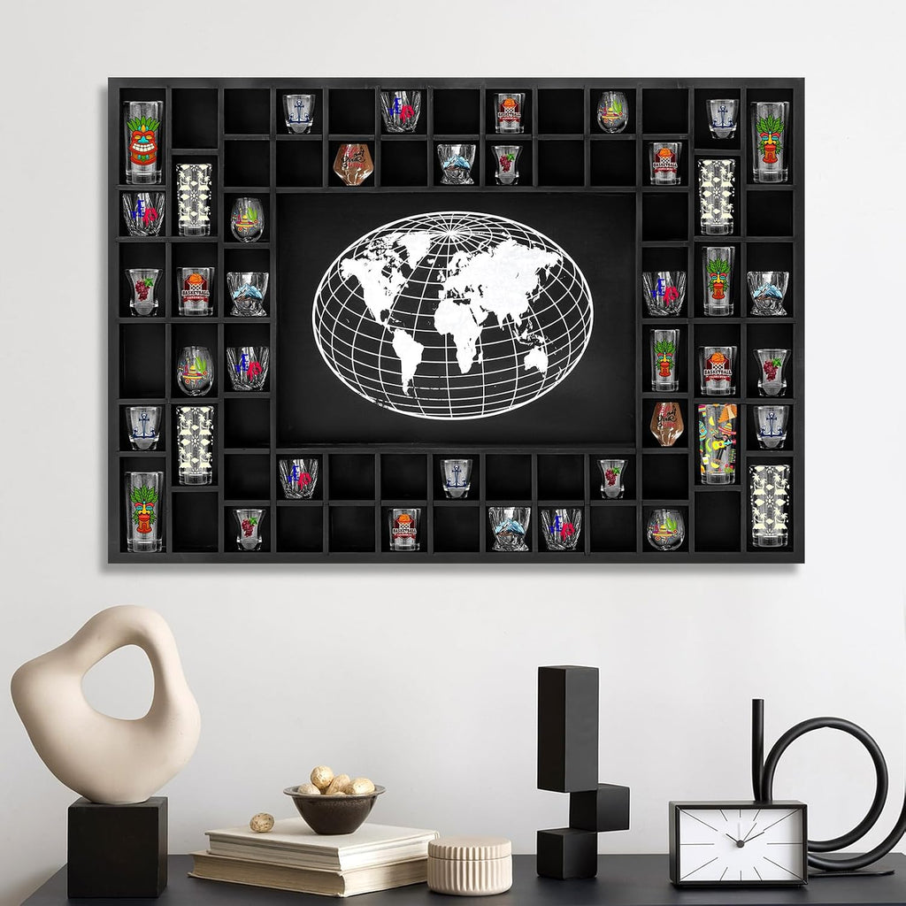 GlikCeil Large World Map 68 Slots Shot Glass Display Case 40 x 28'' Rustic Wood Shot Glass Holder for 7 Sizes Wineglass Bar Shelf Organizer Wall Mount Storage Shadow Cabinet Decor (Black)