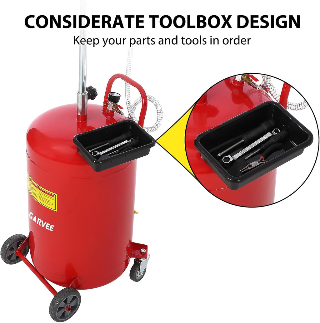 Garvee 20 Gallon Waste Oil Drain Tank, Portable Oil Drain Container, Air Operated Drainer, Fluid Fuel Transfer Drainage, Adjustable Funnel Height with Wheel &15'' Premium Bowl and a Toolbox