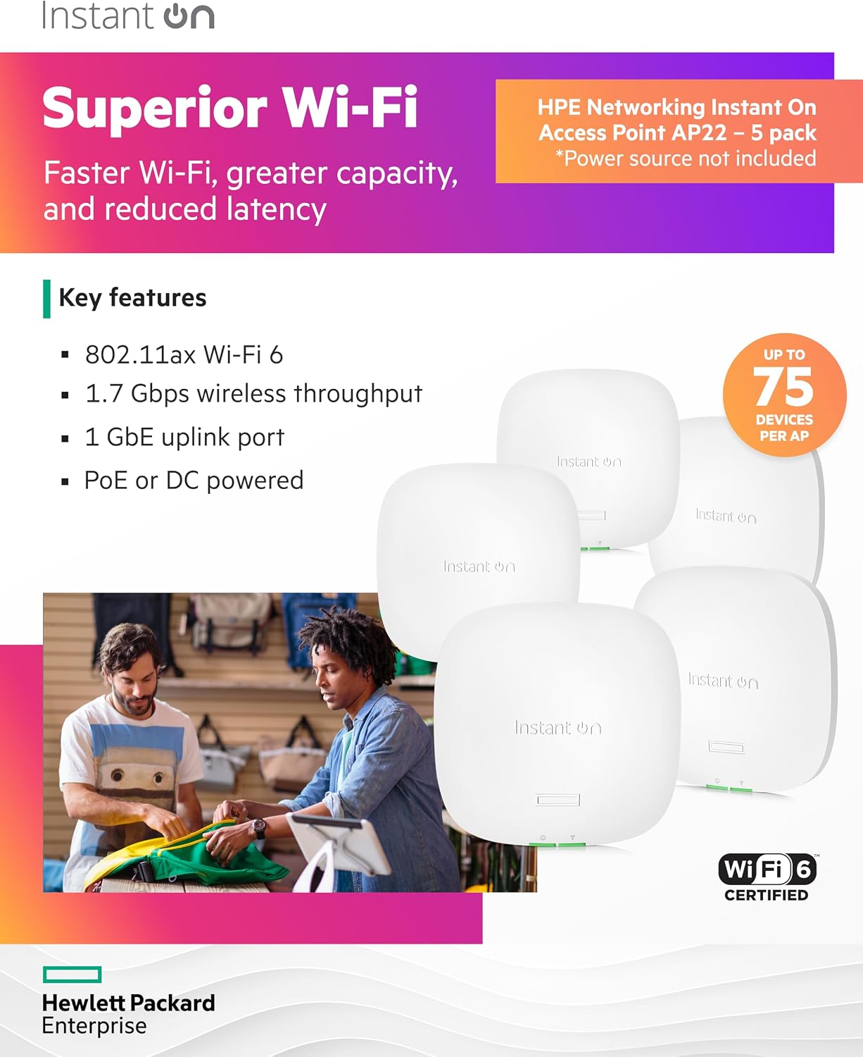 HPE Networking Instant On Access Point AP22 2x2 WiFi 6 Indoor Wireless Access Point (5 Pack) | Long Range, Secure, Smart Mesh Support | Power Source Not Included | US Model (R4W01A-5PACK)