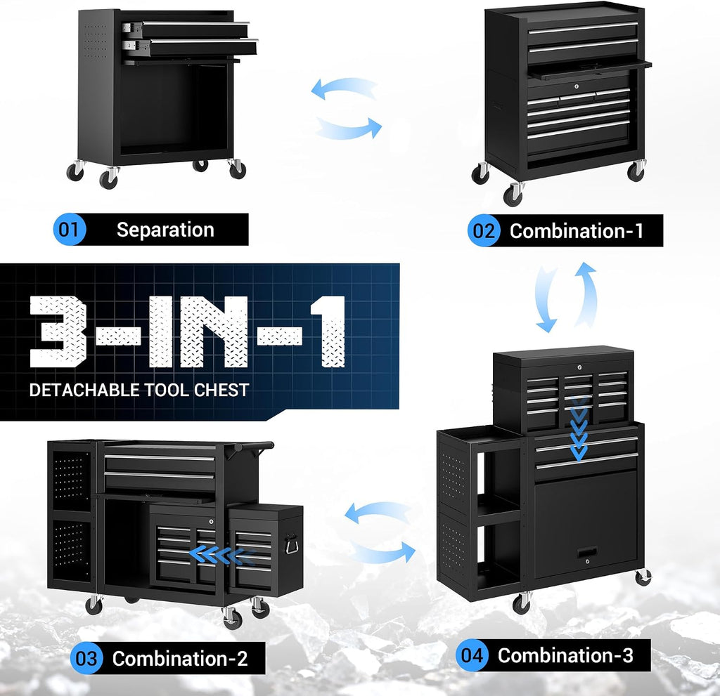 Metal Tool Chest, 8 Drawer Rolling Tool Chest with Wheels, Assembled Tool Storage Cabinet with Locking, Sliding Drawers & Detachable Top Tool Box, for Repair Room Warehouse Garage Workshop