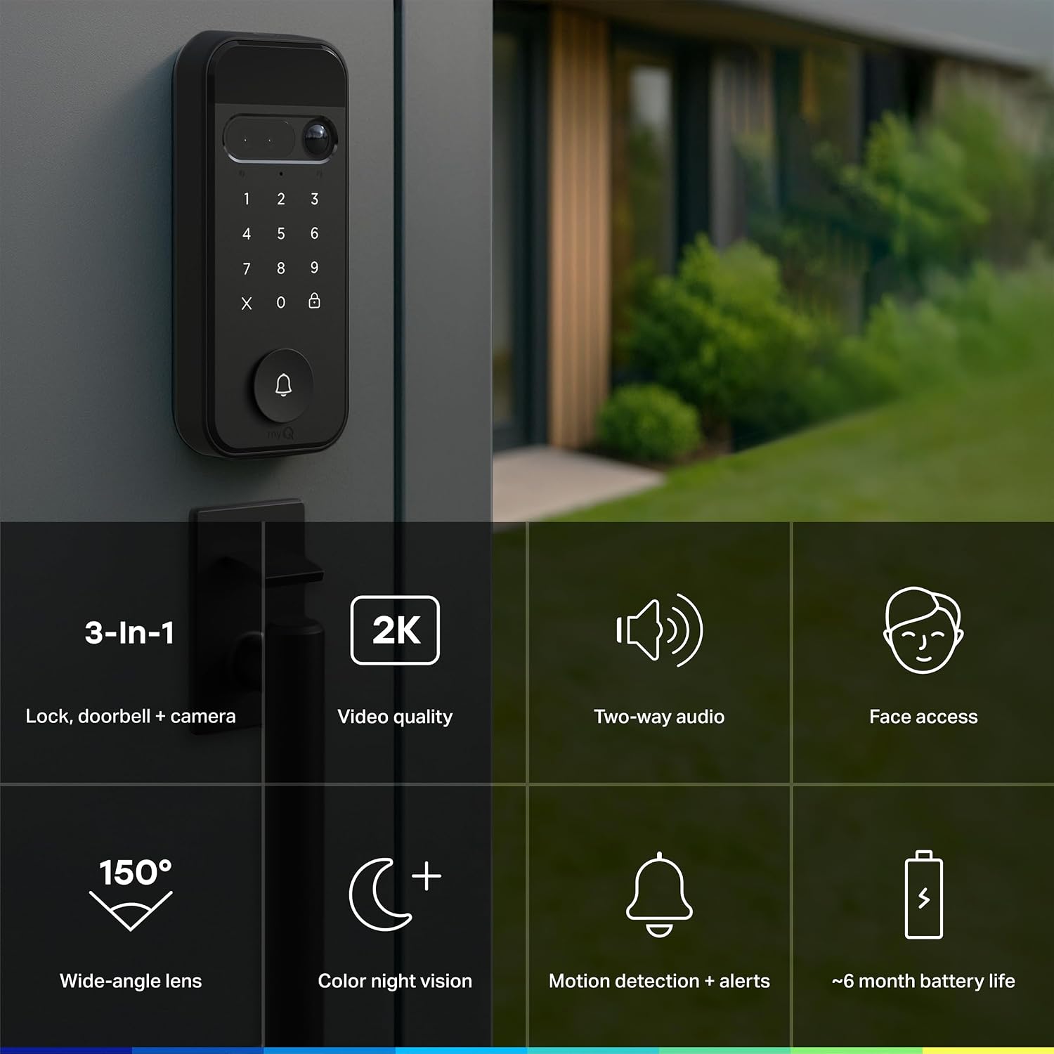 myQ Secure View™ 3-in-1 Smart Lock with 2K HDR Video Doorbell Camera, Face Access, Fingerprint Access, PIN & App Control — Intelligent Entry with Built-in Camera, Color Night Vision & Two-Way Audio