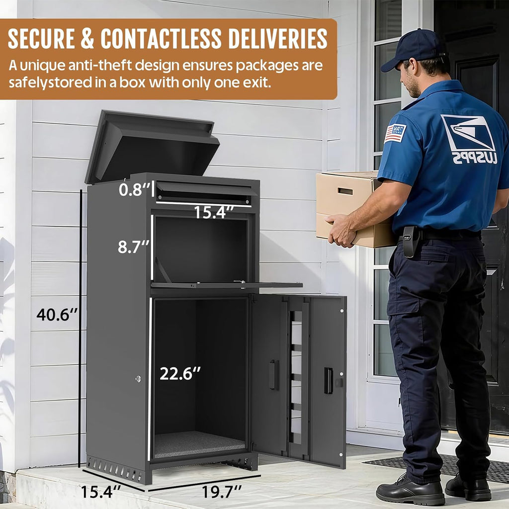 KAER Package Delivery Box for Outside with Visual Windows, 40.6' Large Parcel Drop Box with Raised Metal Feet (Keep Packages Dry), Anti-Theft Waterproof Grey Outdoor Lock Box for Porch, Yard, Home