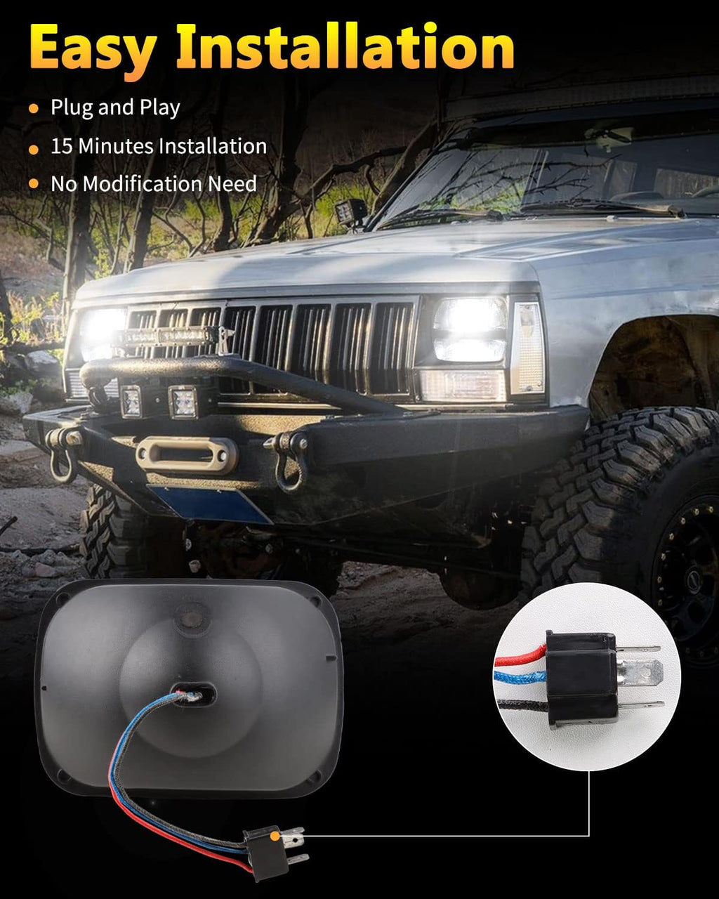 BICYACO 1 Pair 105W Rectangular 5x7/ 6x7 Inch Led Headlight High Low Beam Headlamp Compatible with Jeep Wrangler YJ Cherokee XJ Kenworth T300 1997-2010 Replacement H6054 H5054 H6054LL 69822 6052 6053