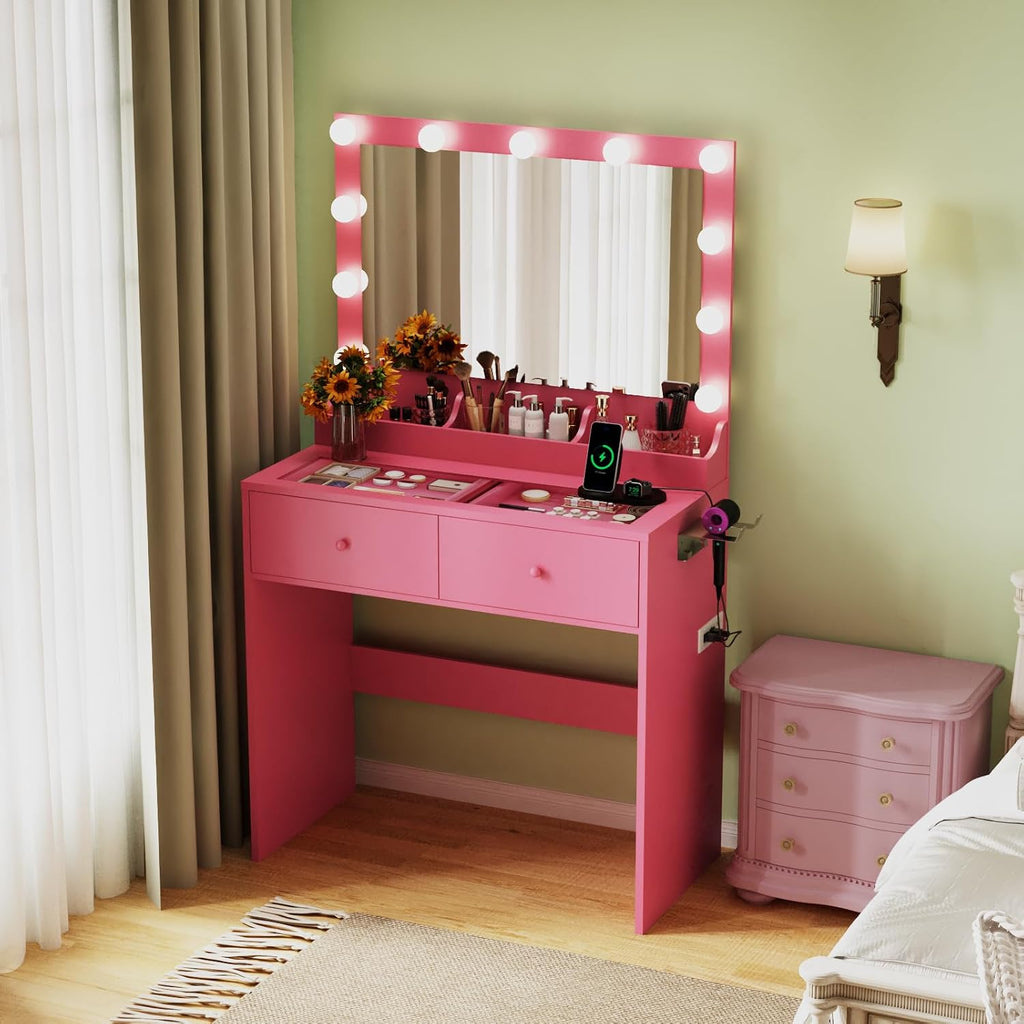 VINGLI Vanity Desk with Mirror and Adjustable Lights, Glass Top Makeup Vanity Table Built-in Power Outlets & Hairdryer Holder, Small Hot Pink Dressing Table w/Bulbs, Gifts for Girls, 31.5in
