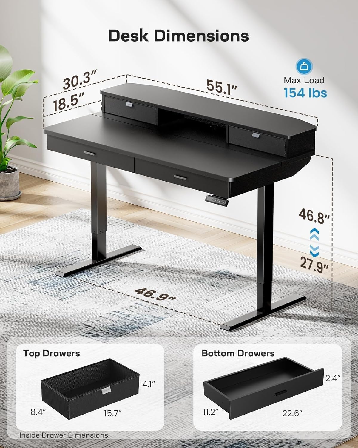 HUANUO 55 x 30 inch Standing Desk with Wood Drawers,Electric Stand up Home Office Desk Adjustable Height with Two Tiers, Black Ergonomic Stand up Desk with Monitor Stand