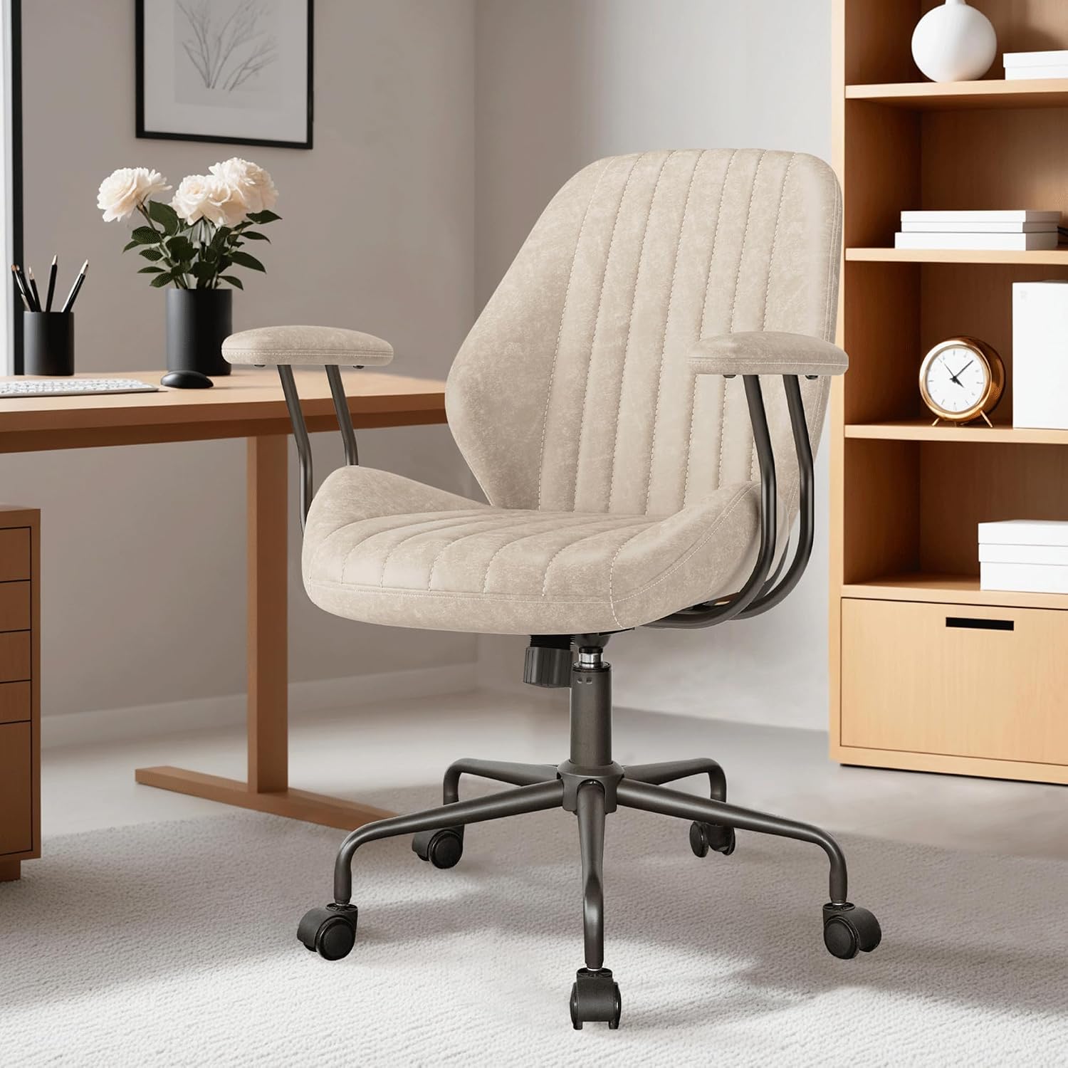 ovios Ergonomic Office Chair, Mid Back Faux Leather Executive Chairs with Armrests, Comfy Mid-Century Modern Swivel Rolling Computer Armchair (Beige, Suede Leather)