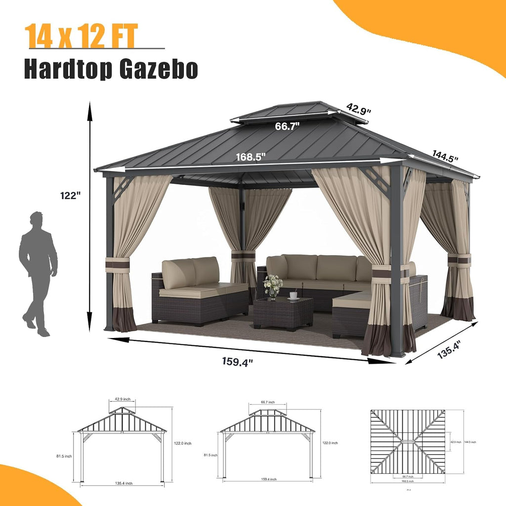 ALAULM 12'x14' Hardtop Gazebo, Outdoor Double Roof Canopy with Netting and Curtains, Galvanized Metal Frame, Sunshade for Patio, Backyard, Deck and Lawns-Sand