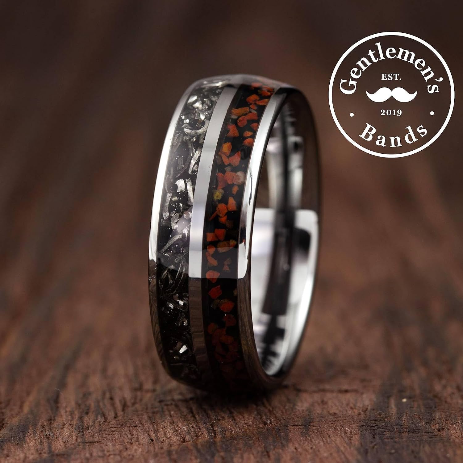 Gentlemen's Bands Premium Silver Tungsten Wedding Band with Dinosaur Bone & Meteorite Inlay | Wedding Ring Is Ideal Gift | Package Includes Silicon Band, Walnut Ring Box, Leather Pouch