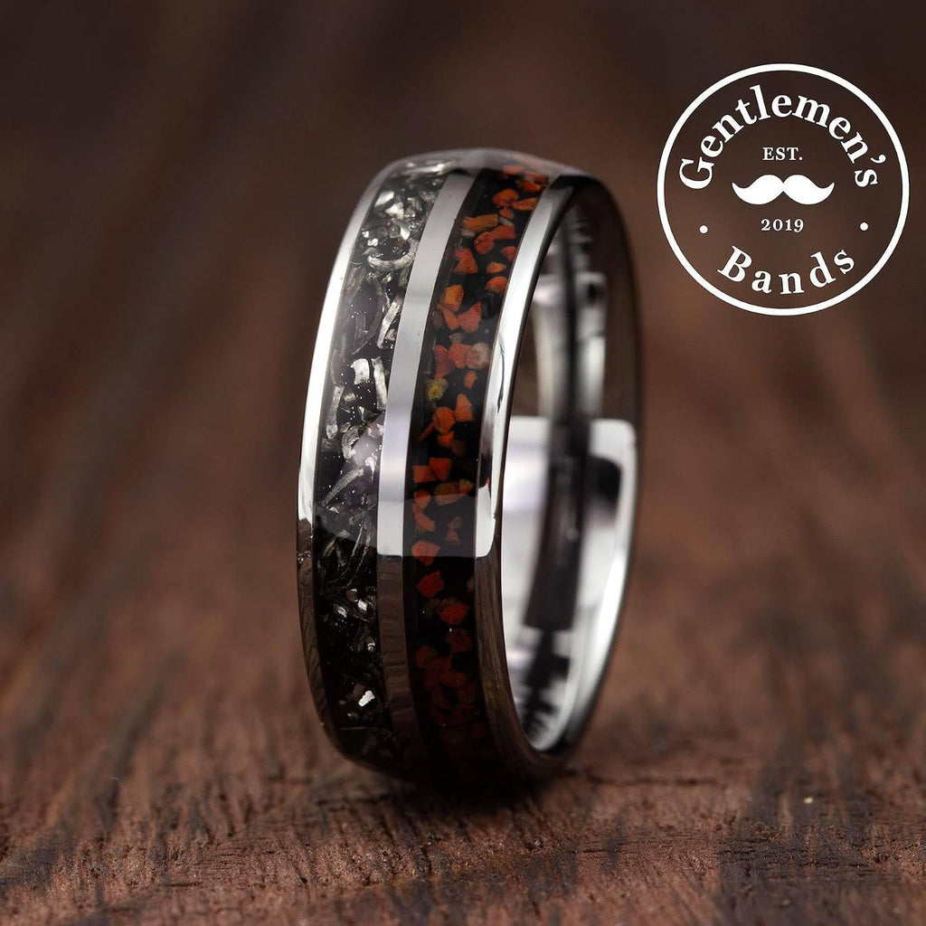 Gentlemen's Bands Premium Silver Tungsten Wedding Band with Dinosaur Bone & Meteorite Inlay | Wedding Ring Is Ideal Gift | Package Includes Silicon Band, Walnut Ring Box, Leather Pouch