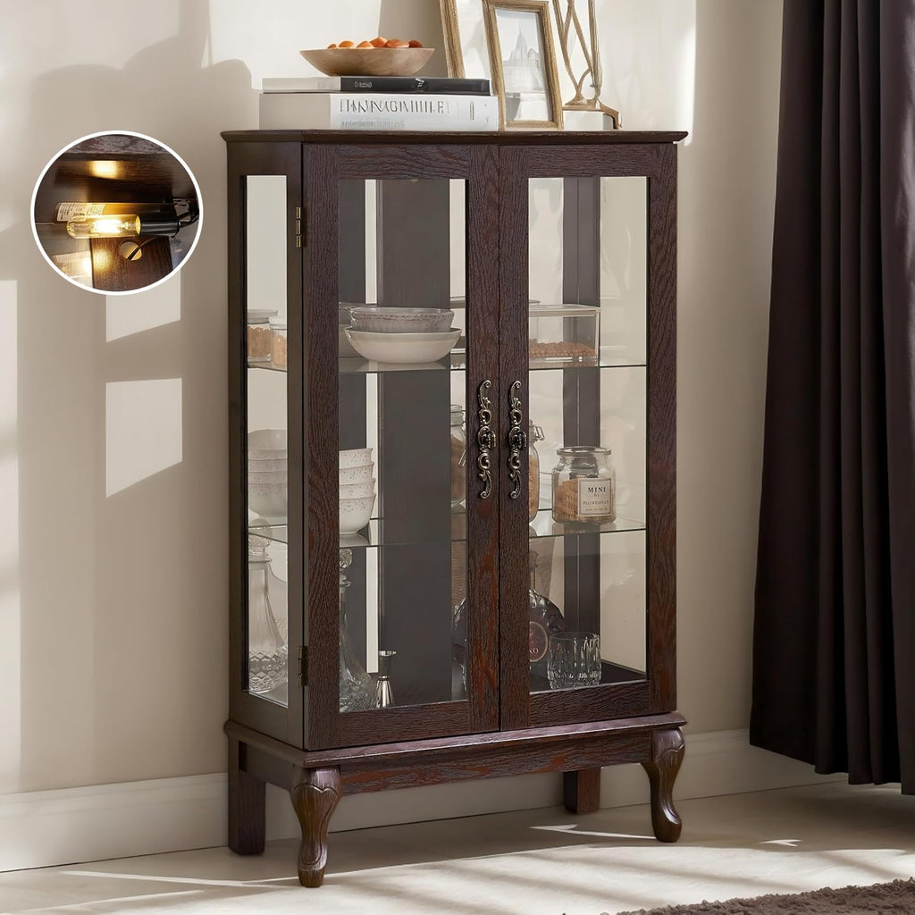 44' Small Lighted Glass Accent Curio Cabinet, Vintage China Cage with Tempered Glass Doors & Adjustable Shelves, Acrylic Mirrored Pane, Elegant Wine Artwork Showcase for Living Room (Dark Cherry)