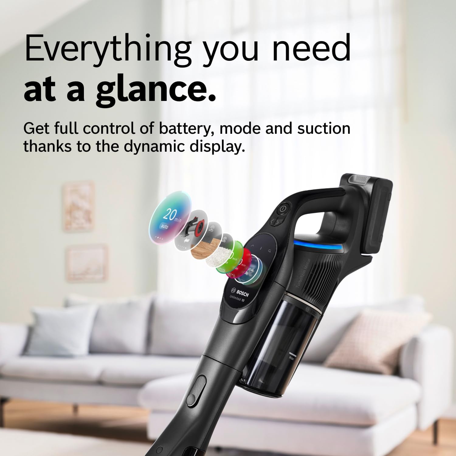 Bosch Unlimited 10 Cordless Stick Vacuum Cleaner - Up to 80 Min Battery, Fast Charger, Pet Hair, Hard Floors and Carpets, HEPA Filter, MicroClean Brush, Bendable Tube, 6 Accessories, Black