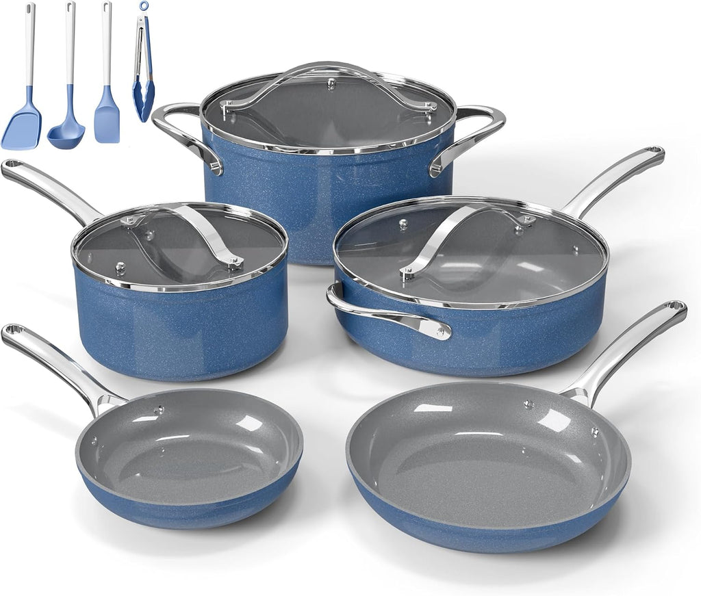 Bakken 12-Piece Ceramic Cookware Set, Nonstick Pots and Pans Set, Non-Toxic PTFE & PFAS-Free Cookware with Silicone Utensils, Induction & All Stovetops Compatible, Dishwasher Safe, Blue