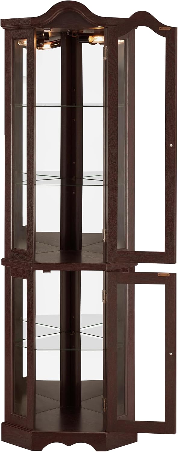 Classic Corner Curio Cabinet with Lights, Glass Display Cabinet for Living Room - Adjustable Tempered Glass Shelves, Wall Mountable (Walnut)