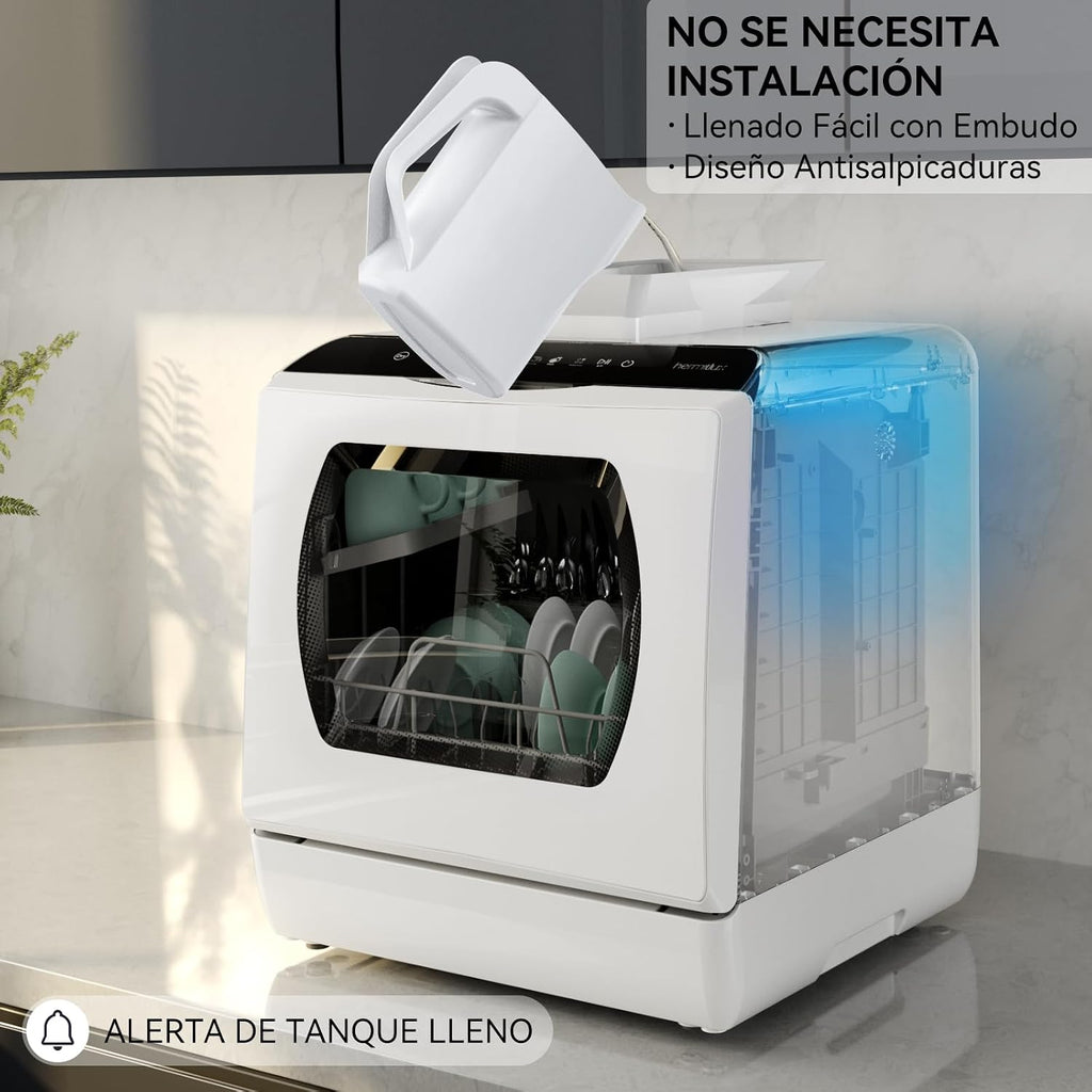 Hermitlux Countertop Dishwasher, 5 Washing Programs Portable Dishwasher With 5-Liter Built-in Water Tank For Glass Door