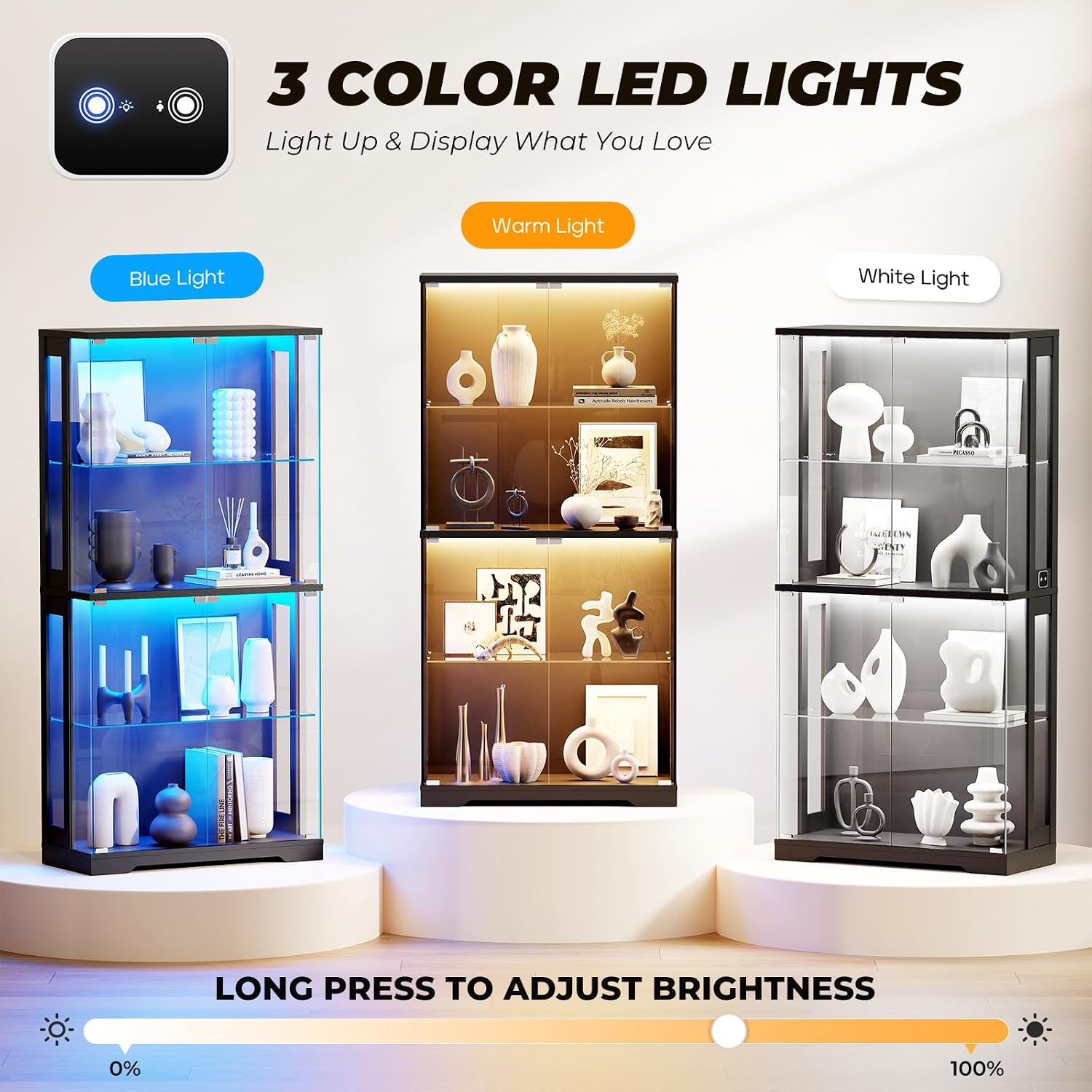 Display Cabinet with Glass Doors, 4-Tier Curio Cabinet with Transparent Full-Display Surface, 65' Glass Display Case with 3 Color Lights for Collectibles, Clear Case with Human Sensor Black