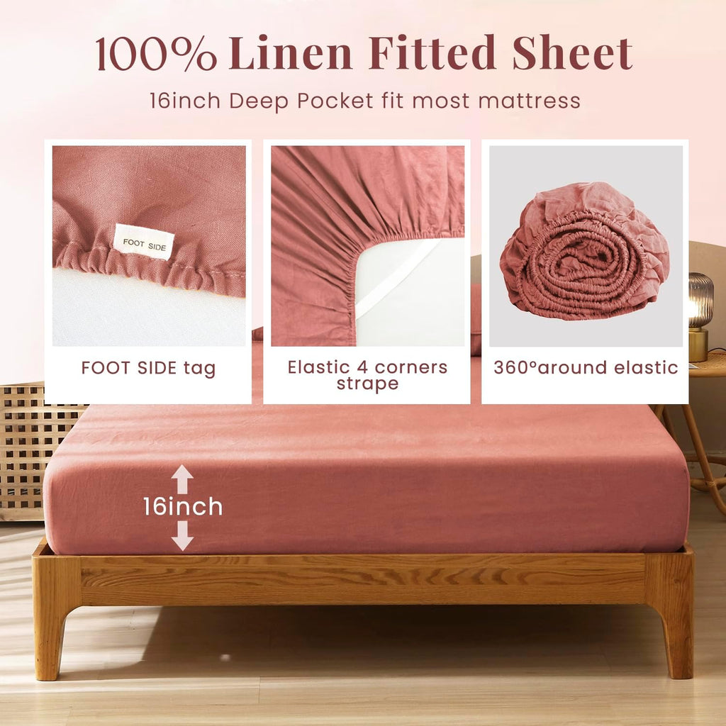 S VICTORY SYMBOL 100% Organic Linen Sheets Set Queen Size,Washed French Flax Bed Sheets 4Pcs(2 Pillowcases,1 Fitted Sheet,1 Flat Sheet) Clay