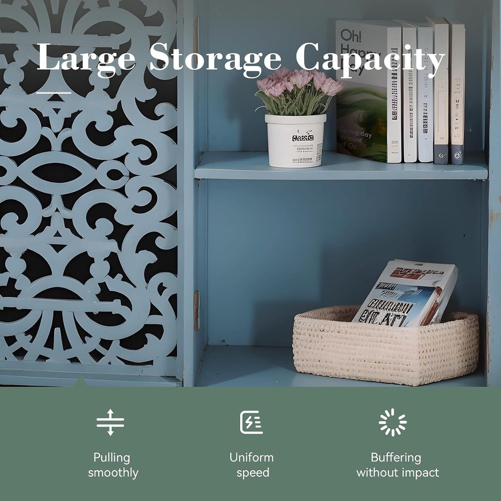 Sophia & William Small Accent Cabinet with Single Door, 31.5' Tall Side End Table, Distressed Nightstand with Hollow Carved Door, Blue