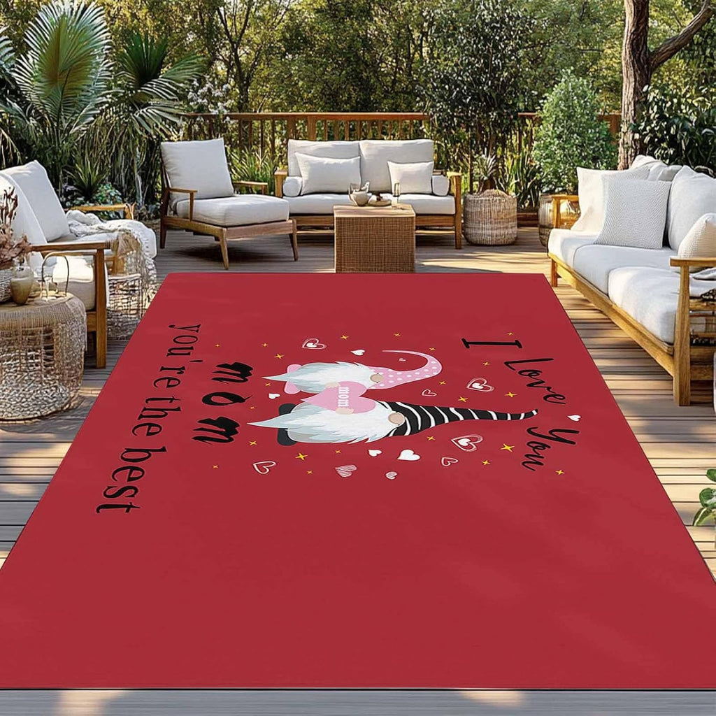 Outdoor Rug 4x6ft Happy Mother's Day Cute Gnomes with Hearts Patio Area Rugs Waterproof Easy Cleaning Non Shedding Thick Mats Red Carpet for Indoor Outdoor Porch Deck Backyard Balcony