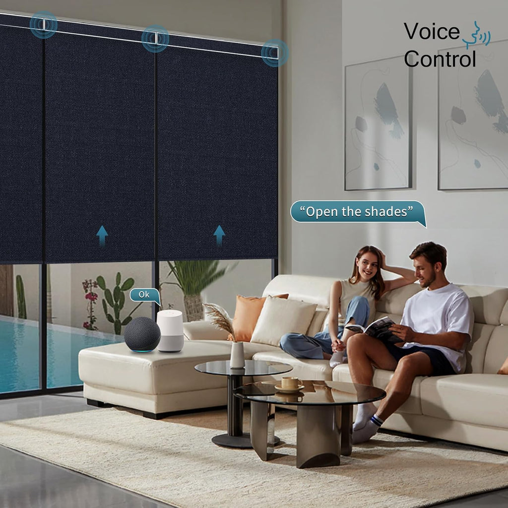 Motorized Roller Shade, 100% Blackout Smart Window Blinds Work with Homekit, Alexa, Google Home, Remote Control, Electric Blinds with USB/Solar Pannel,Dark Onyx Black