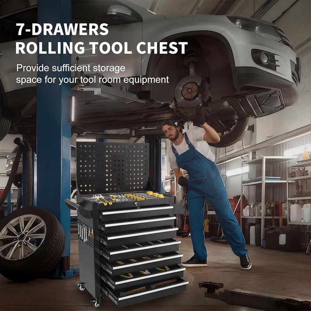 7 Drawers Rolling Tool Chest, Metal Tool Box with Wheels & Lock, Tool Drawers Garage Tool Storage Cabinets Organizer Rolling Cart Toolbox on Wheels for Garage, Workshop, Repair Shop(Assembly Required)
