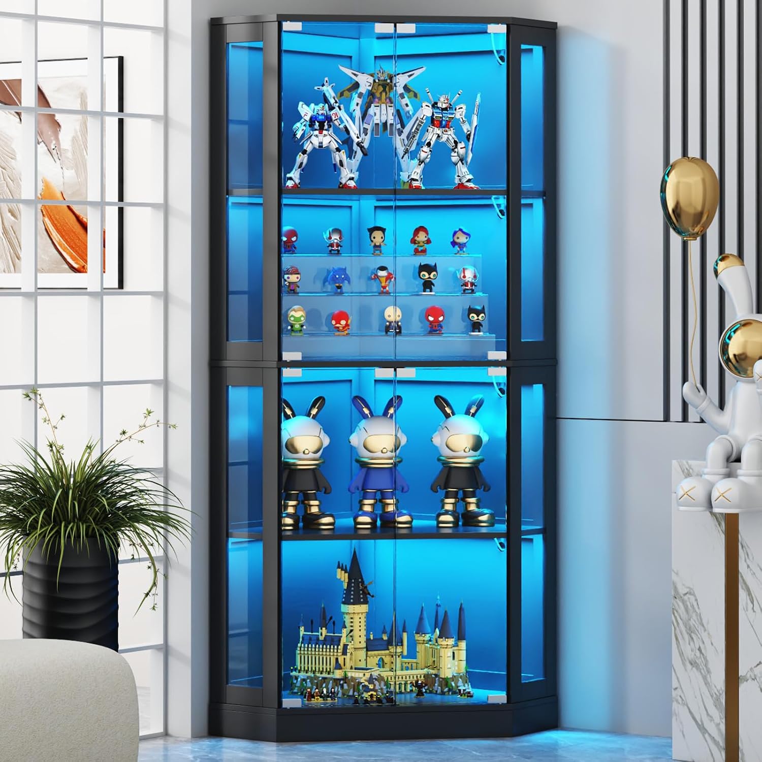 Gyfimoie Corner Display Cabinet with Multi-Color LED Lights, Modern Curio Cabinet with Glass Doors, 4 Tier Glass Display Case for Toys, Books & Other Collectibles