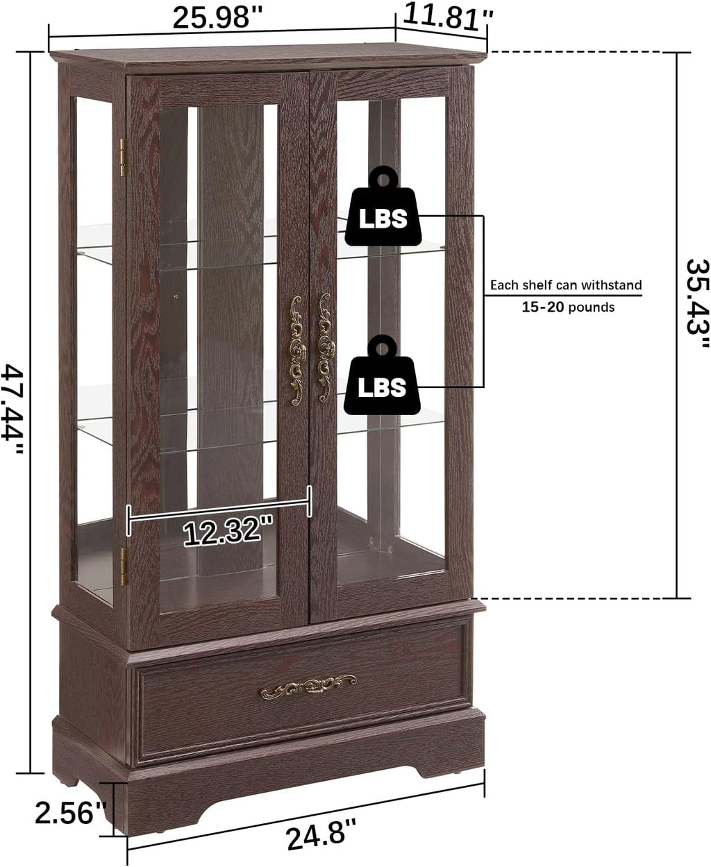 Display Cabinet with Glass Doors Drawer, Lighted Curio Cabinet with Adjustable Glass Shelves and Mirrored Back Panel, Retro Floor Standing Storage Cabinets for Living Room, Cherry