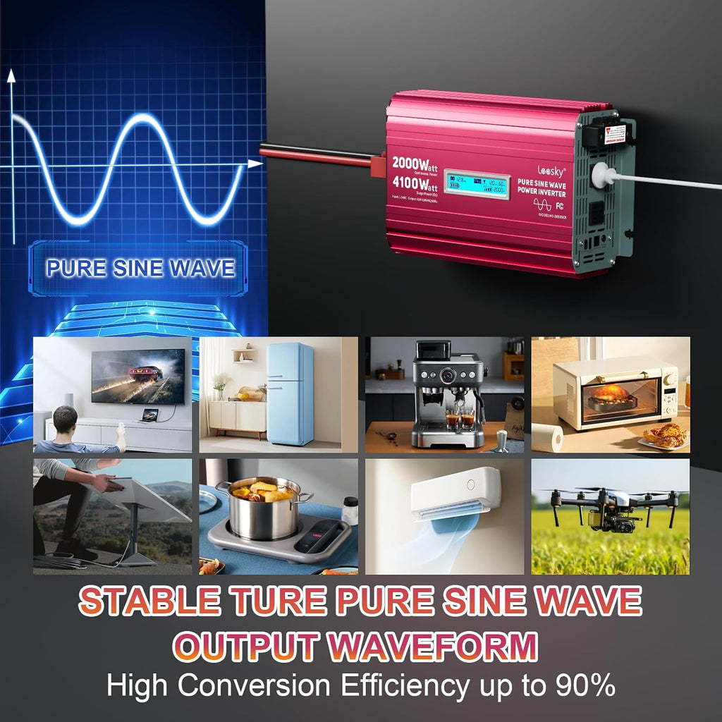 2000 Watt Pure Sine Wave Inverter 12V to 110V 120V AC 4100W Surge Peak Power for 2s Remote Control PD36W USB-C Compatible with Lithium Battery Starlink for Off-Grid Solar System RV Car Home LEESKY