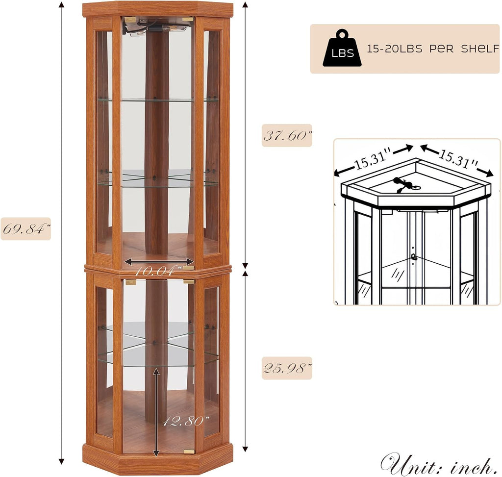70' Lighted Corner Curio Cabinet, Wood China Display Case with Tempered Glass Doors & Adjustable Shelves, Light Bulb Included, Tall Wine Storage Rack for Bar and Liquor Storage (Dark Oak)