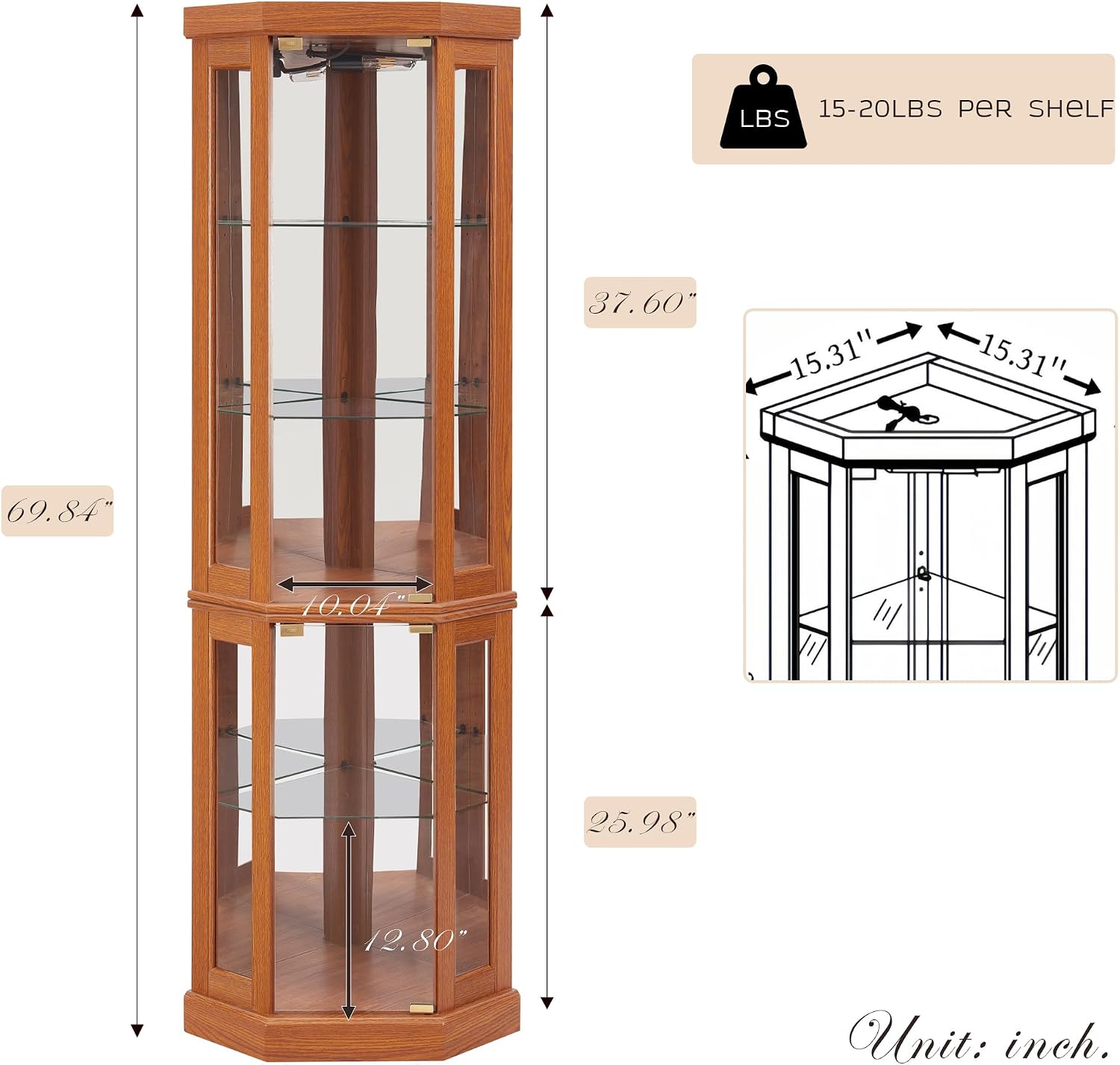 70' Lighted Corner Curio Cabinet, Wood China Display Case with Tempered Glass Doors & Adjustable Shelves, Light Bulb Included, Tall Wine Storage Rack for Bar and Liquor Storage (Dark Oak)