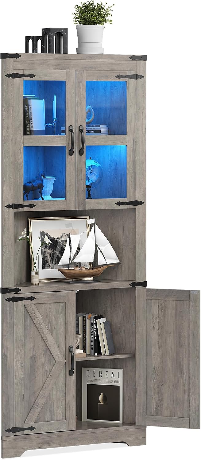 GarveeHome 67 in Tall Corner Storage Cabinet with Lights, Farmhouse Corner Hutch Display Cabinet with Glass Doors, Wooden Storage Organizer for Kitchen, Living Room, Bathroom, Washed Grey