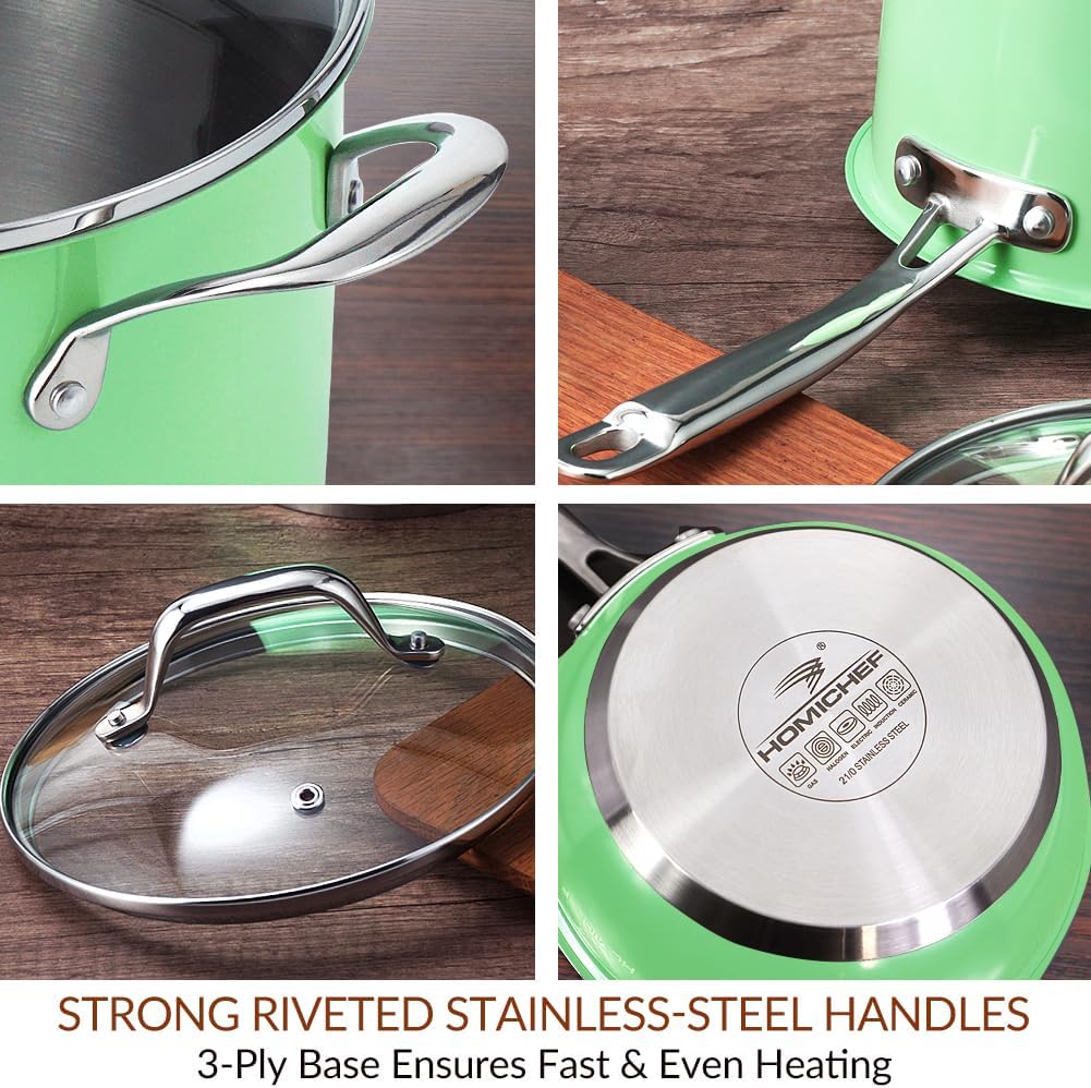 HOMICHEF 10-Piece Mint Green Nickel Free Stainless Steel Cookware Set - Nickel Free Stainless Steel Pots and Pans Set - Healthy Non-Toxic Induction Cookware Sets