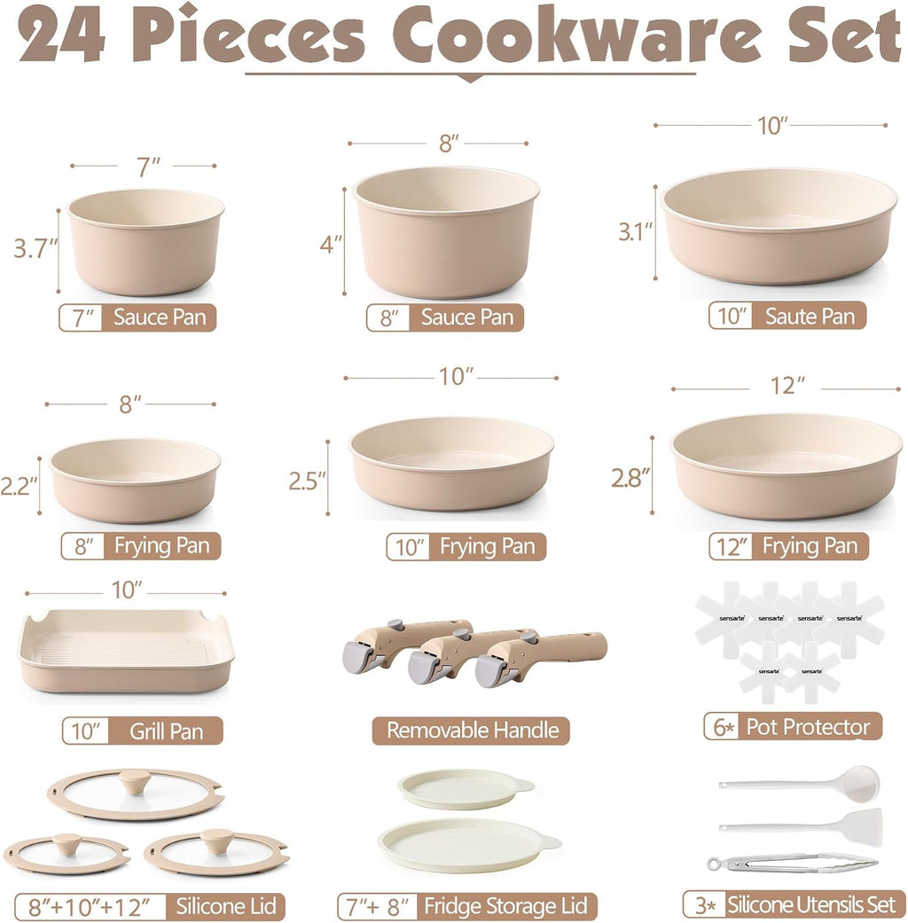 SENSARTE 24 Piece Ceramic Pots and Pans Set, Nonstick Detachable Handle Cookware, Induction Cookware Set with Removable Handle, Healthy Non Stick for RV, Dishwasher＆Oven Safe, PFOA Free (Almond Beige)
