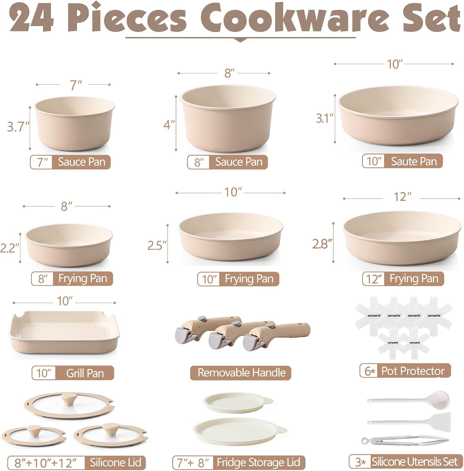 SENSARTE 24 Piece Ceramic Pots and Pans Set, Nonstick Detachable Handle Cookware, Induction Cookware Set with Removable Handle, Healthy Non Stick for RV, Dishwasher＆Oven Safe, PFOA Free (Almond Beige)