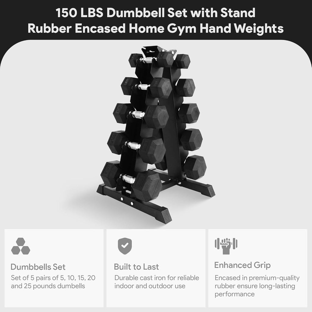 BalanceFrom Rubber Coated Hex Dumbbell Weight Set with Storage Rack, 100LB or 150LB or 200LB Set, 5-20 lbs or 5-25 lbs or 10-30 lbs Pairs