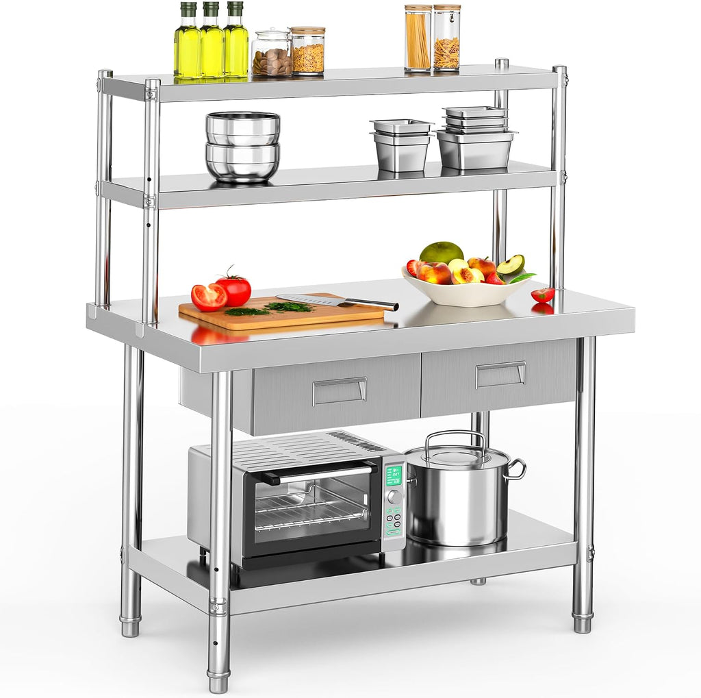 YITAHOME 48' × 24' Stainless Steel Table with Overshelves and 2 Drawers, NSF Worktable with 48' X 12' Shelf & 2 Drawers, Metal Prep Workstation for Home Kitchen Restaurant Garage Warehouse