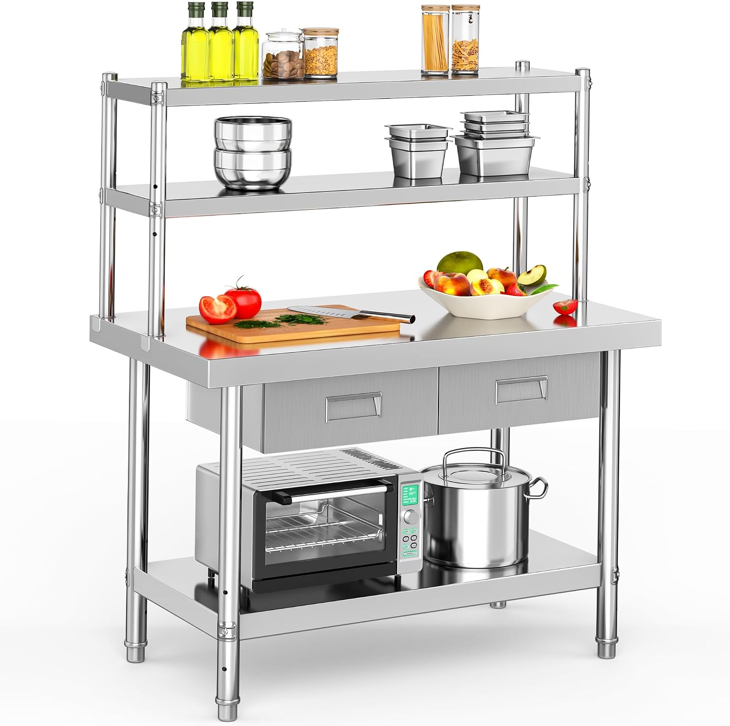 YITAHOME 48' × 24' Stainless Steel Table with Overshelves and 2 Drawers, NSF Worktable with 48' X 12' Shelf & 2 Drawers, Metal Prep Workstation for Home Kitchen Restaurant Garage Warehouse