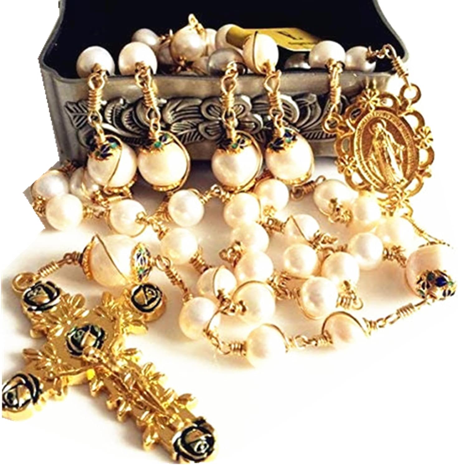 elegantmedical HANDMADE ROSARY Gold plated Wire Wrapped Bead AAA+ White Real Pearl Catholic Necklace Cross Gift Box