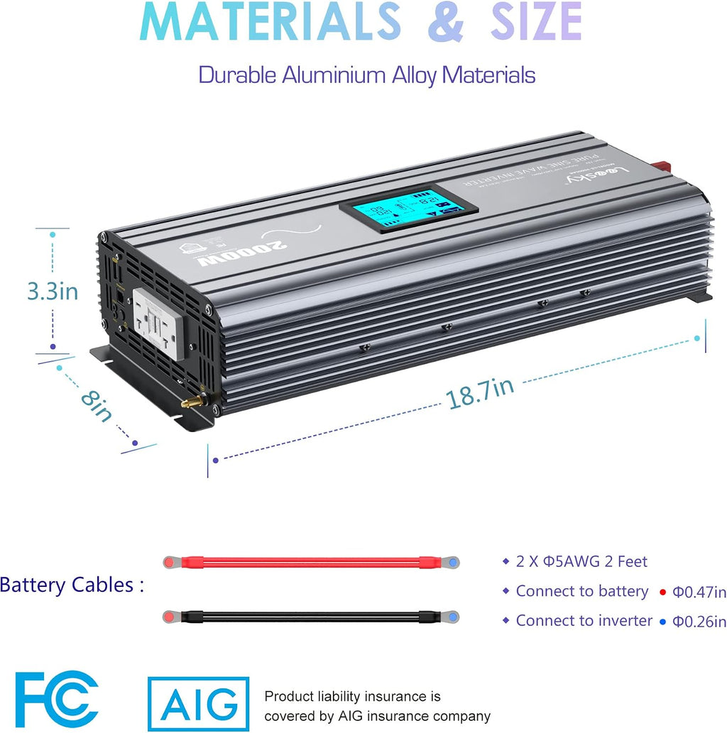 2000 Watt Pure Sine Wave Inverter 12V DC to 110V 120V AC Built-in UL Fuses FCC Approved with 20A UL Approved GFCI Outlets and 15FT Remote Control for Car Home RVs Truck Off-Grid Solar Power LEESKY