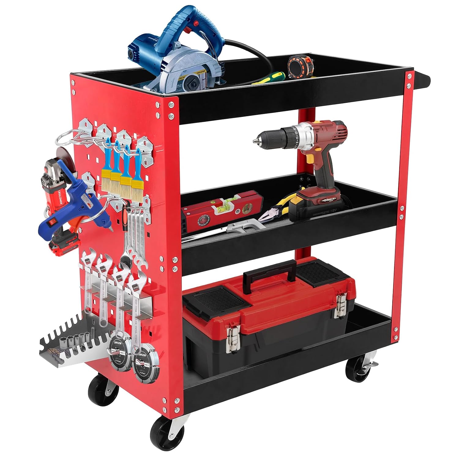 3 Tier Rolling Tool Cart, Mechanic Tool Cart on Wheels, for Garage, Warehouse, Workshop, Tool Room, Red & Black