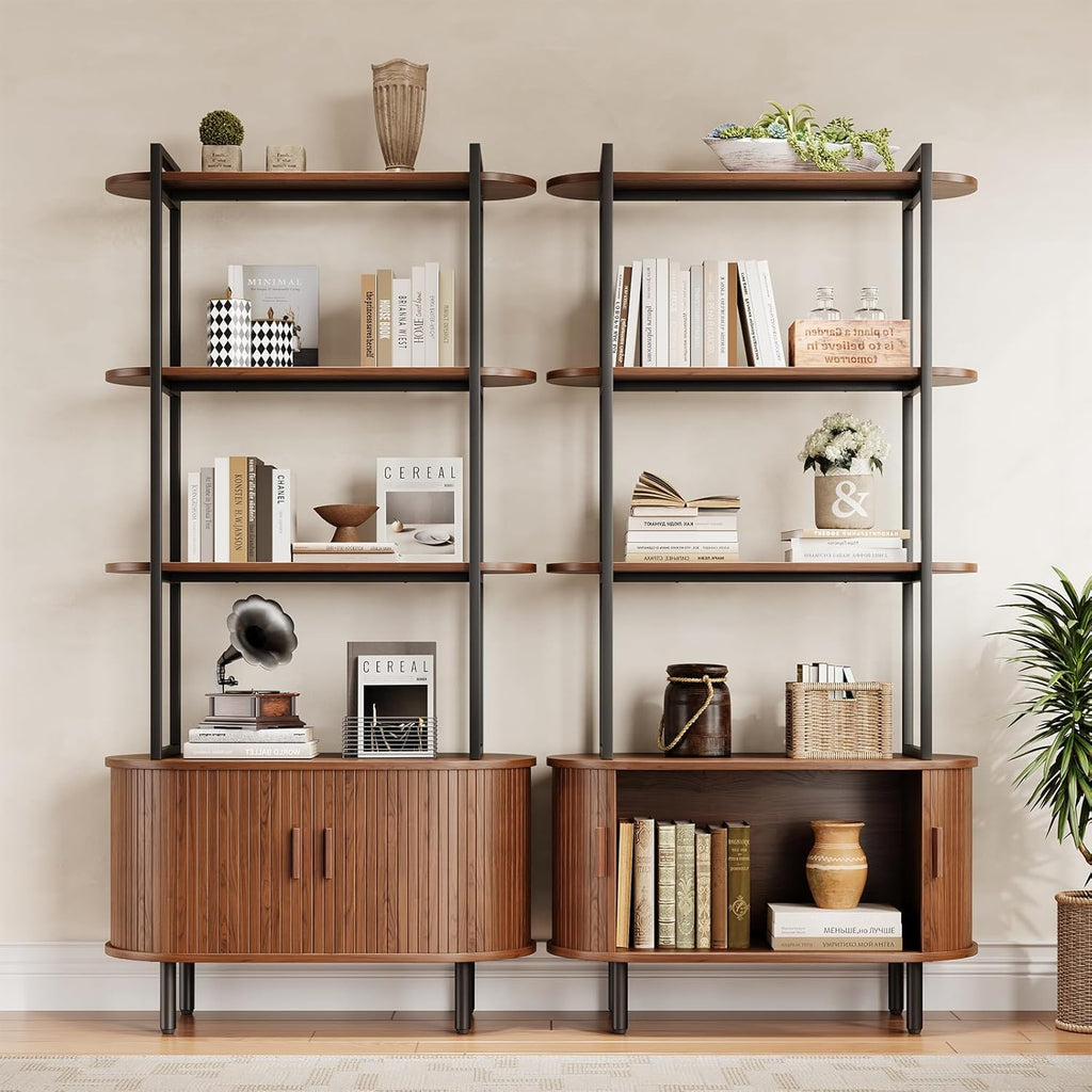 5 Tier Tall Bookshelf with Cabinet, Fluted Bookcase with Sliding Door, Metal and Wood Display Shelf, Free Standing Storage Shelving Unit, Corner Storage Organizer for Living Room, Home Office, Walnut