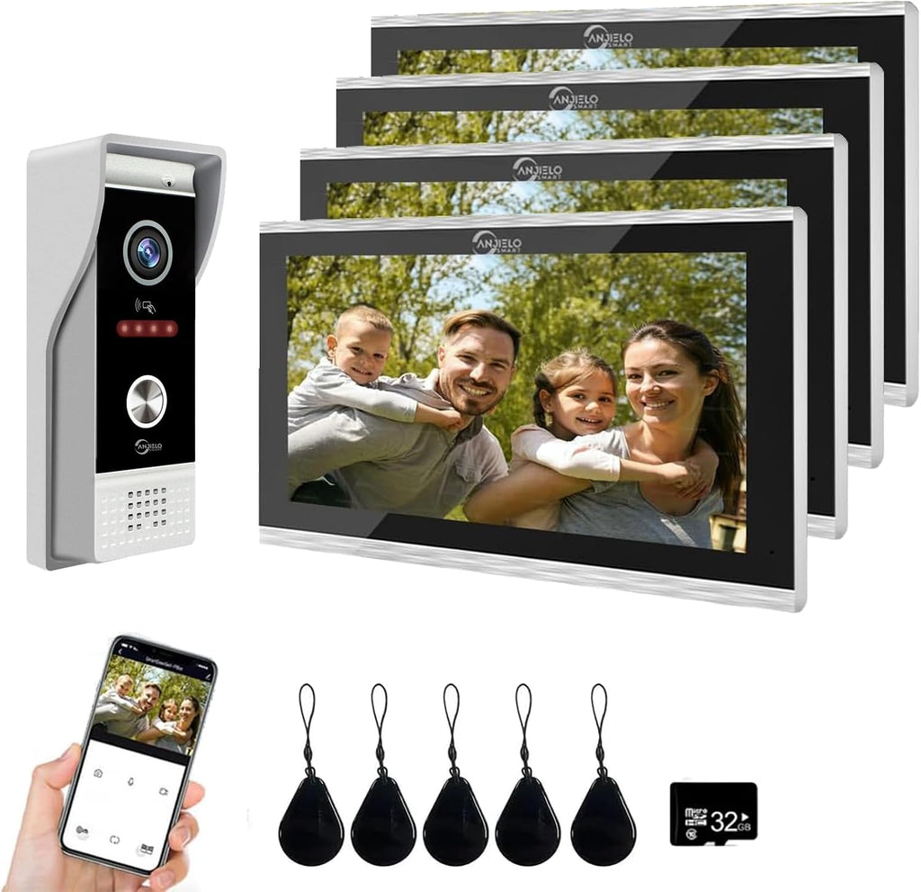 Wired Smart Video Apartments Intercom System,10 Inch Monitors with 1080P Doorbell Camera,3-in-1 Unlocking,TUYA WiFi Door Phone Kits, Ideal for Villas & Homes (1 doorbell + 4 Monitor)