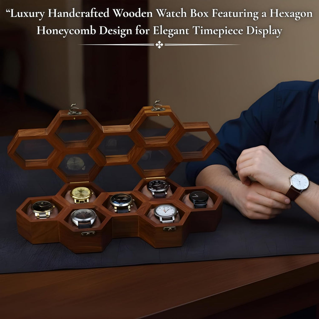 Royal Craft Expertise Handcrafted 7 Slot Wooden Watch Box for Men – Vintage Honeycomb Display Case in Indian Rosewood | Includes Velvet Pillows – Luxury Gift for Him – Built to Last
