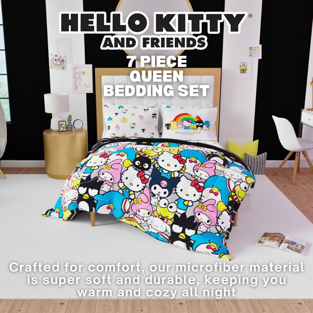 Franco Collectibles Hello Kitty & Friends Bedding 7 Piece Super Soft Comforter and Sheet Set with Sham, Queen, (Official Licensed Product)